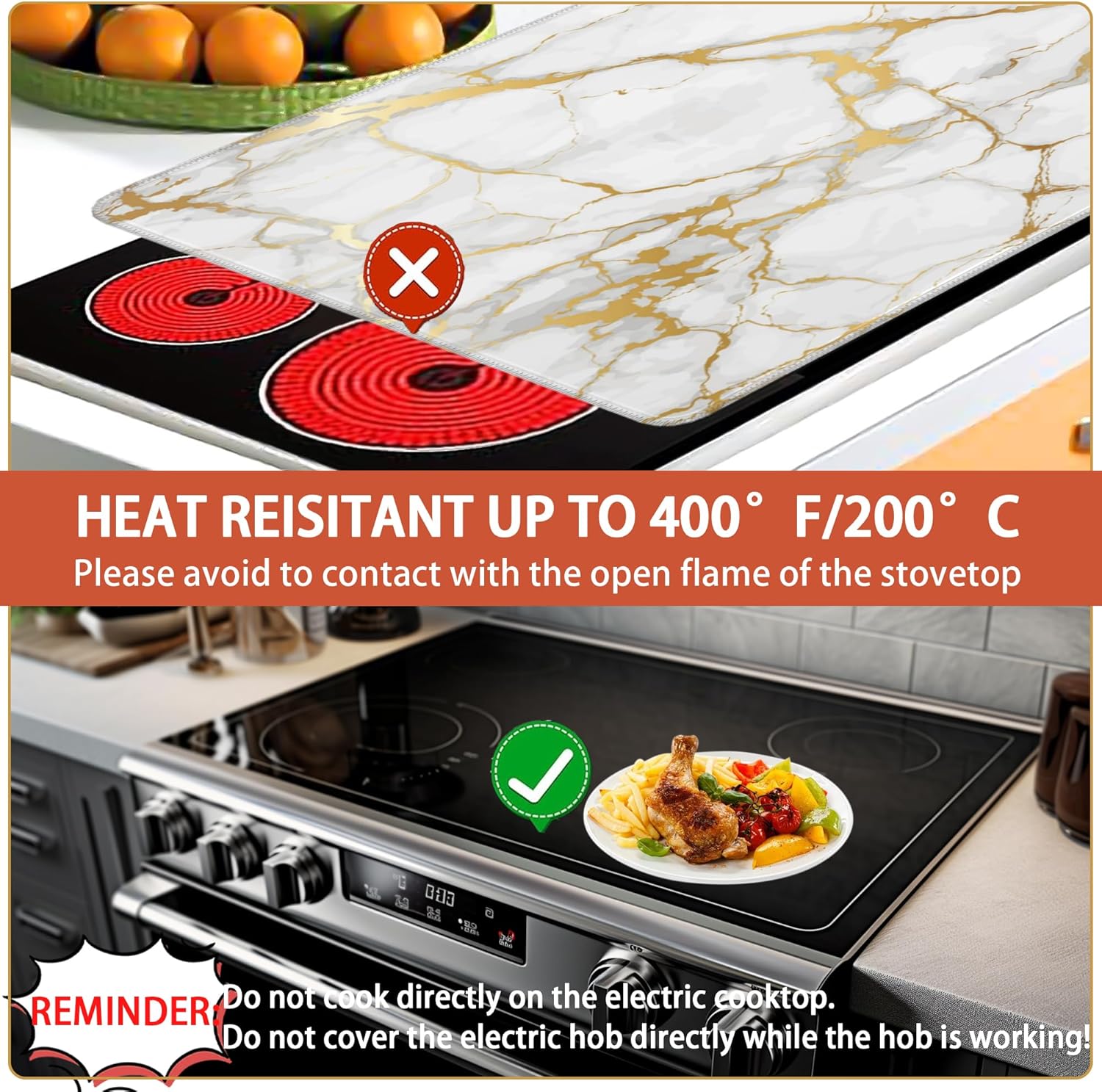 White Gold Stove Top Covers for Electric Stove,Abstract Marble Glass Cooktop Cover Protector,Anti-Slip Heat Resistant Range Cooktop Cover Mat 28"x19.5" - Image 3