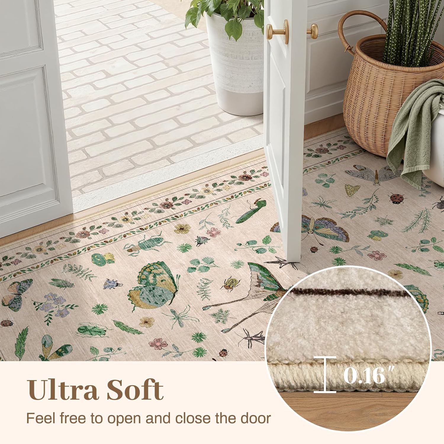 7x9 Low Pile Machine Washable Bug Rug - Indoor Non-Slip Insect Print Rug for Entryway, Living Room, Bedroom, Kitchen, Front Door, Laundry (7'x9' Beige Green) - Image 8