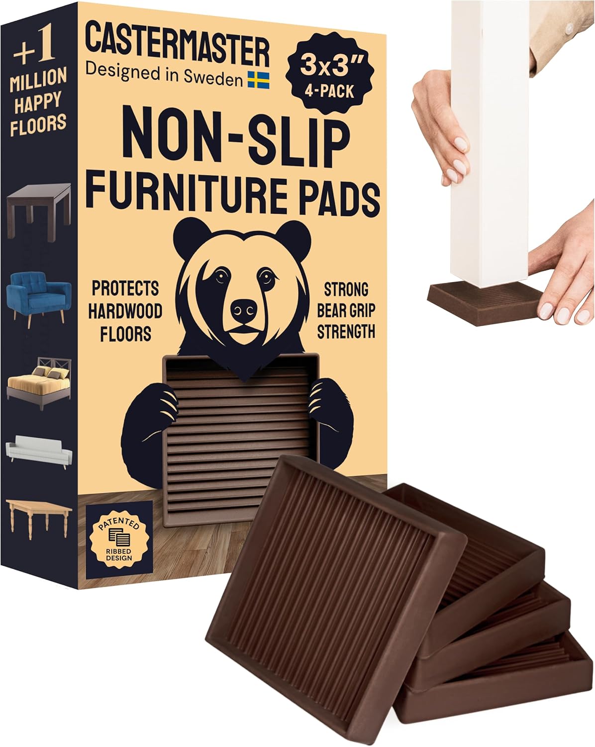 CasterMaster Non-Slip Rubber Furniture Pads – 3 in x 3 in Set of 4 Brown – Floor Protectors for Hardwood Floors & Chairs – Grippers & Rubber Feet for Furniture