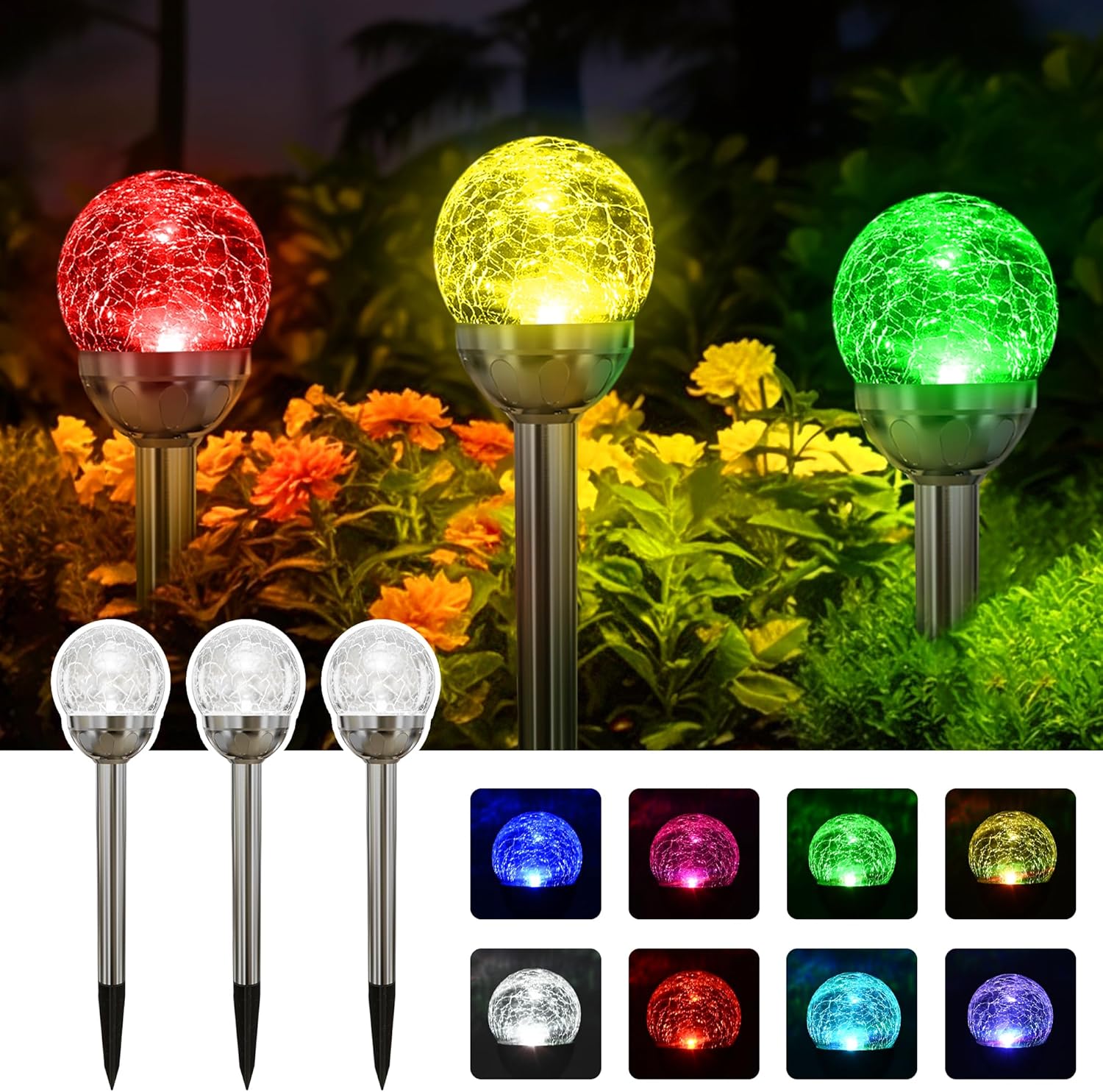SOLPEX Solar Garden Lights Outdoor, 3 Pack Multi-Color Changing&White 2 Modes Solar Powered Glass Ball Garden Lights Waterproof for Patio Decoration - Image 3