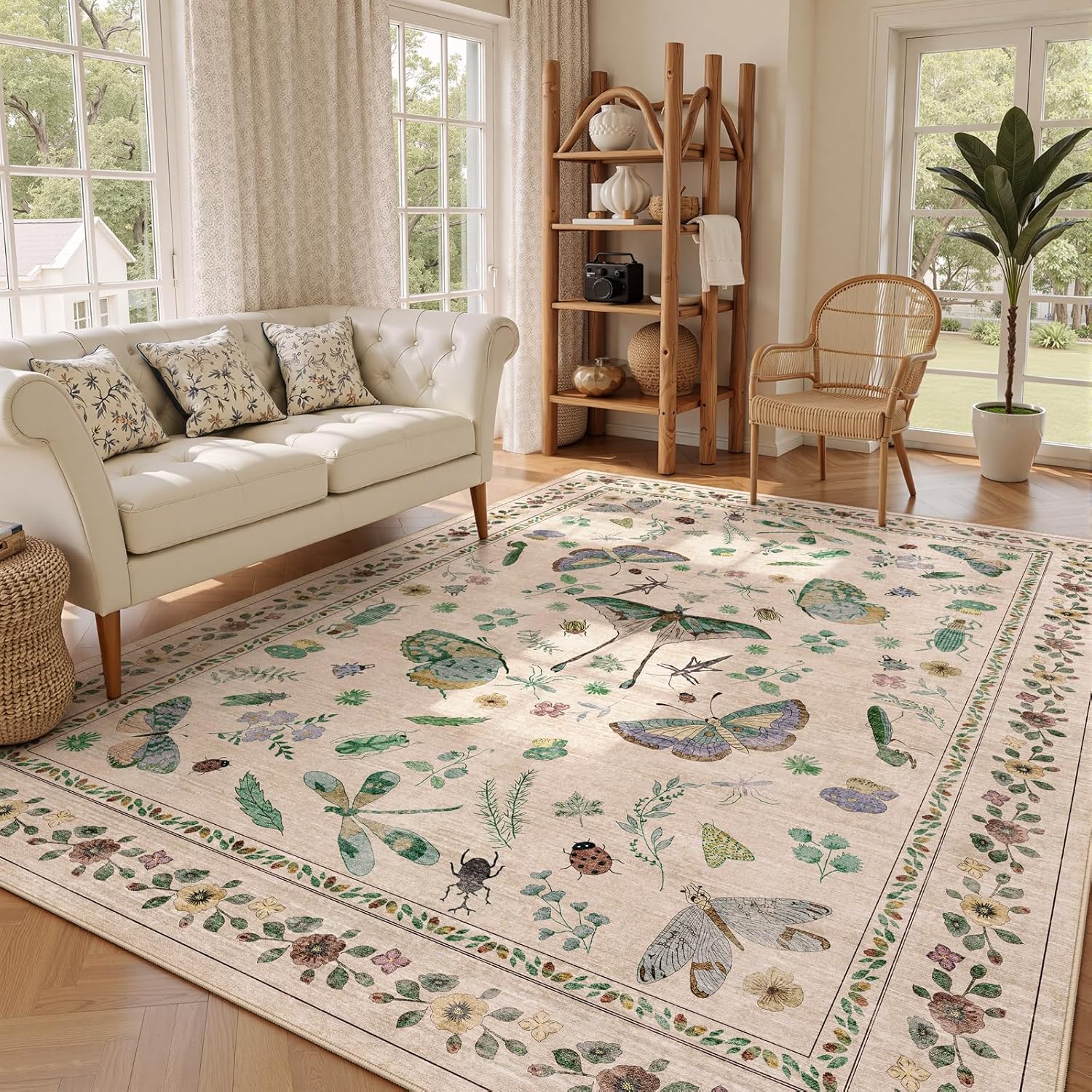 7x9 Low Pile Machine Washable Bug Rug - Indoor Non-Slip Insect Print Rug for Entryway, Living Room, Bedroom, Kitchen, Front Door, Laundry (7'x9' Beige Green) - Image 2