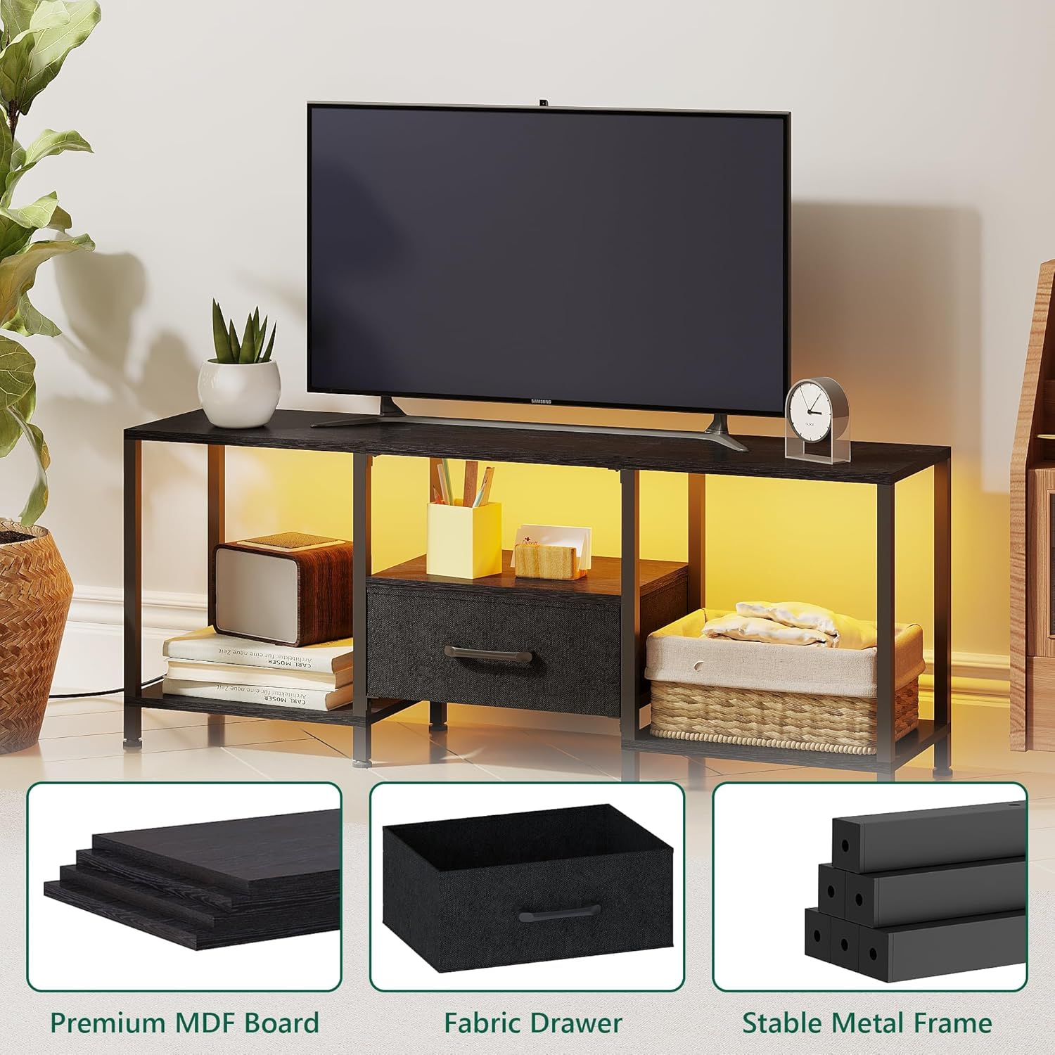 TV Stand with LED Lights, Entertainment Center with Open Shelves and Fabric Drawer, Media Console for 55 Inch TV, Television Stands for Living Room, Bedroom, Black - Image 7
