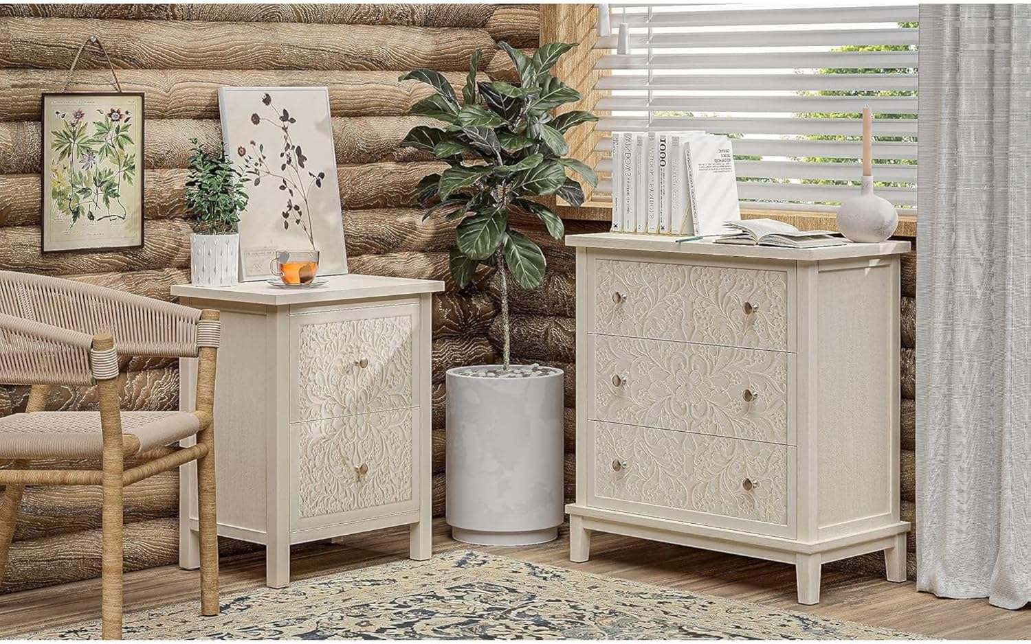 COZAYH 2-Drawer Carved Wood Nightstand, White w/ Distressed Finish – Bedside Table w/ Floral Patterns & Antique Bronze Knobs – Pre-Assembled Farmhouse Bedroom Furniture for Small Spaces - Image 5
