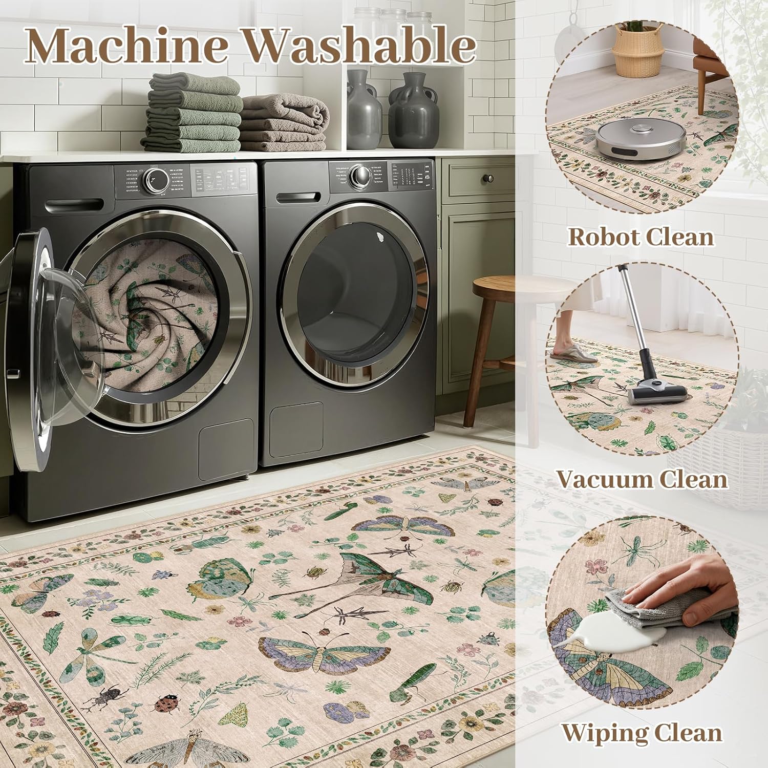 7x9 Low Pile Machine Washable Bug Rug - Indoor Non-Slip Insect Print Rug for Entryway, Living Room, Bedroom, Kitchen, Front Door, Laundry (7'x9' Beige Green) - Image 6