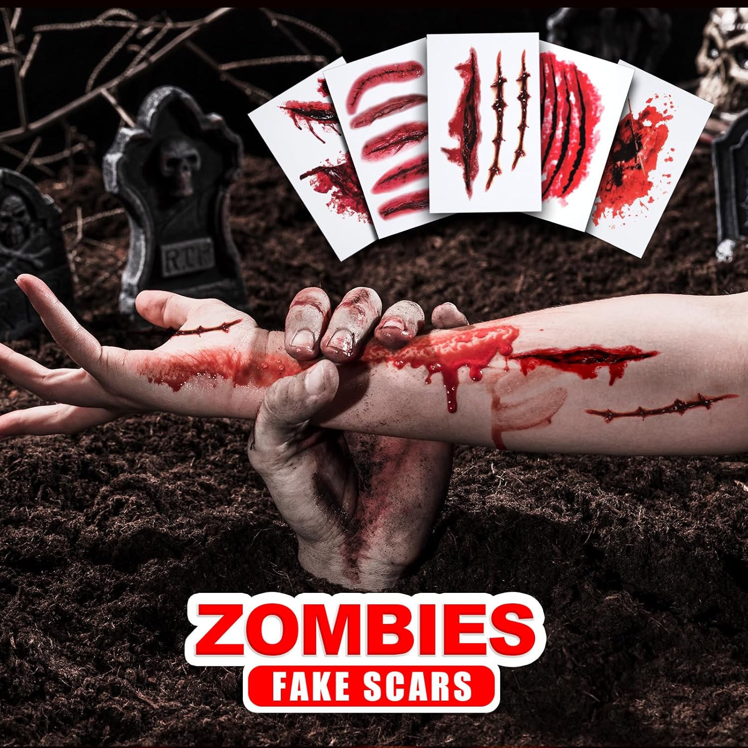 YGDZ Halloween Face Tattoos, Zombie Makeup Kit Fake Scars for Halloween Costume Makeup, Fake Wound Realistic Blood Cuts, Stitch Temporary Tattoos, Halloween Face Stickers for Kids, Adults - Image 7