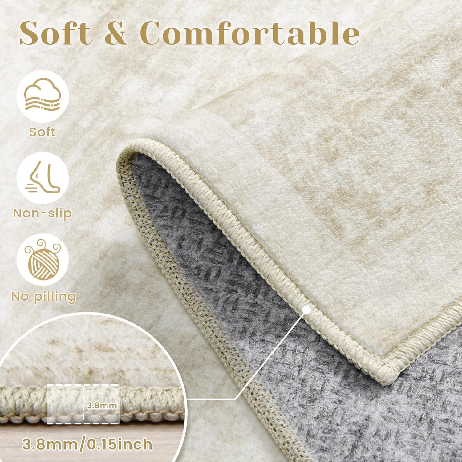 5x7 Area Rugs for Living Room: Washable Vintage Floral Rug Low Pile Non-Slip Boho Carpet for Bedroom Nursery Dining Room (Beige, 5'x7') - Image 4