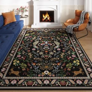 Living Room Rug 5x7 Rug Machine Washable Area Rug Floral Non-Slip Low Pile Large Rugs for Living Room, Bedroom, Farmhouse, Dining Room, Kids Playroom (Vibrant Black)
