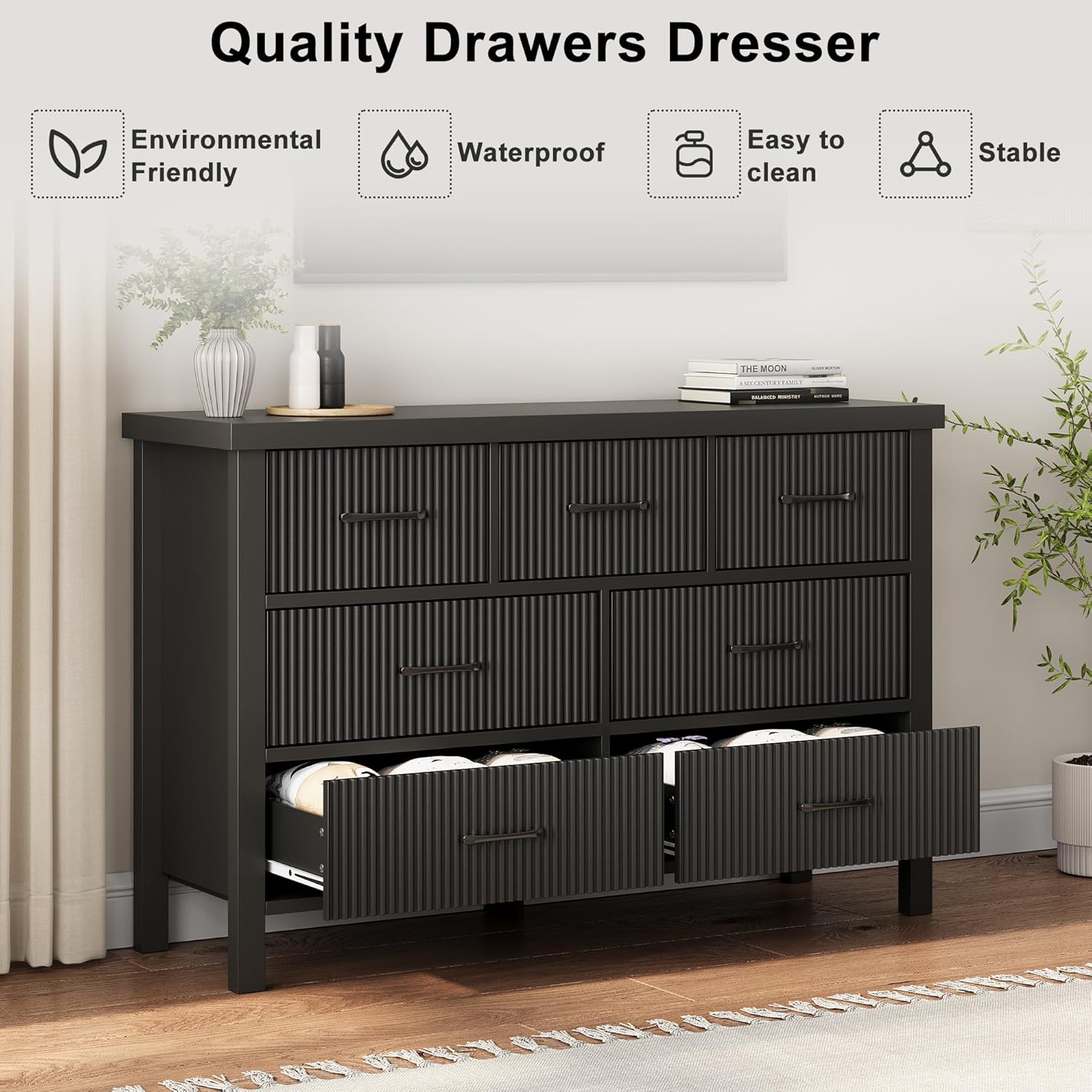 Fluted 7 Drawers Dresser for Bedroom, Modern Chest of Drawers with Metal Handle, Wood Dresser TV Stand, Wooden Closet Clothes Storage Organizer for Living Room, Hallway (Black) - Image 5