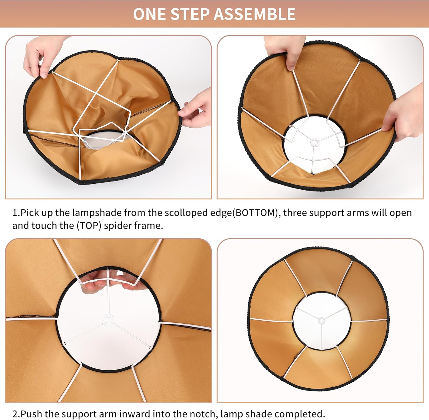 Bell Lamp Shades Set of 2, 7" Top x 14" Bottom x 10" Height, Lamp Shades for Table Lamps & Floor Light, Black Fabric Lampshades with Petal Edge Braid, Easy Assembly, Spider - Image 7