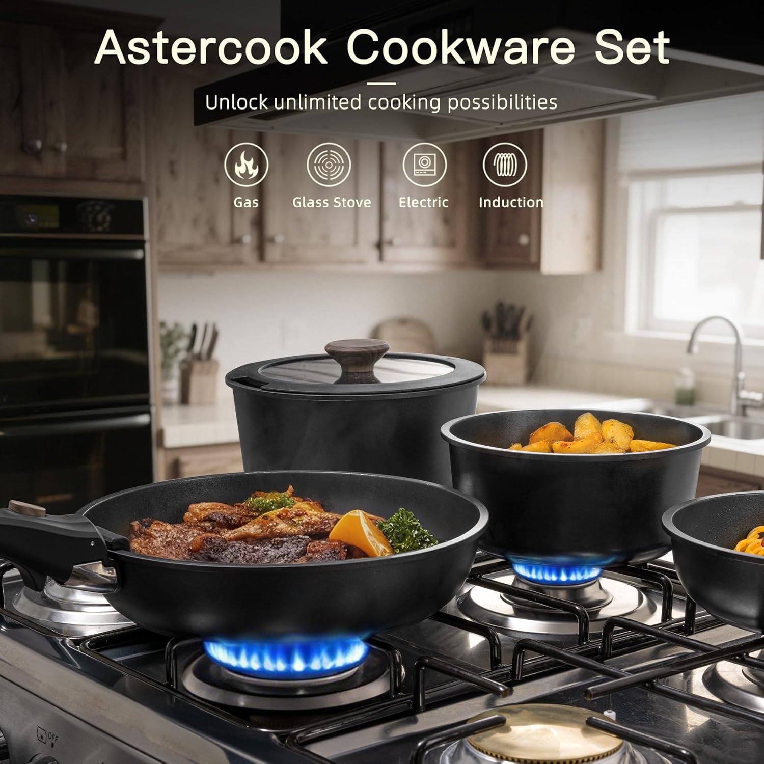 Astercook Non Stick RV Pots and Pans Ceramic Kitchen Cookware Set with Detachable/Removable Handle, Oven Safe, Induction Ready, Stackable, Black, 21 pcs - Image 2