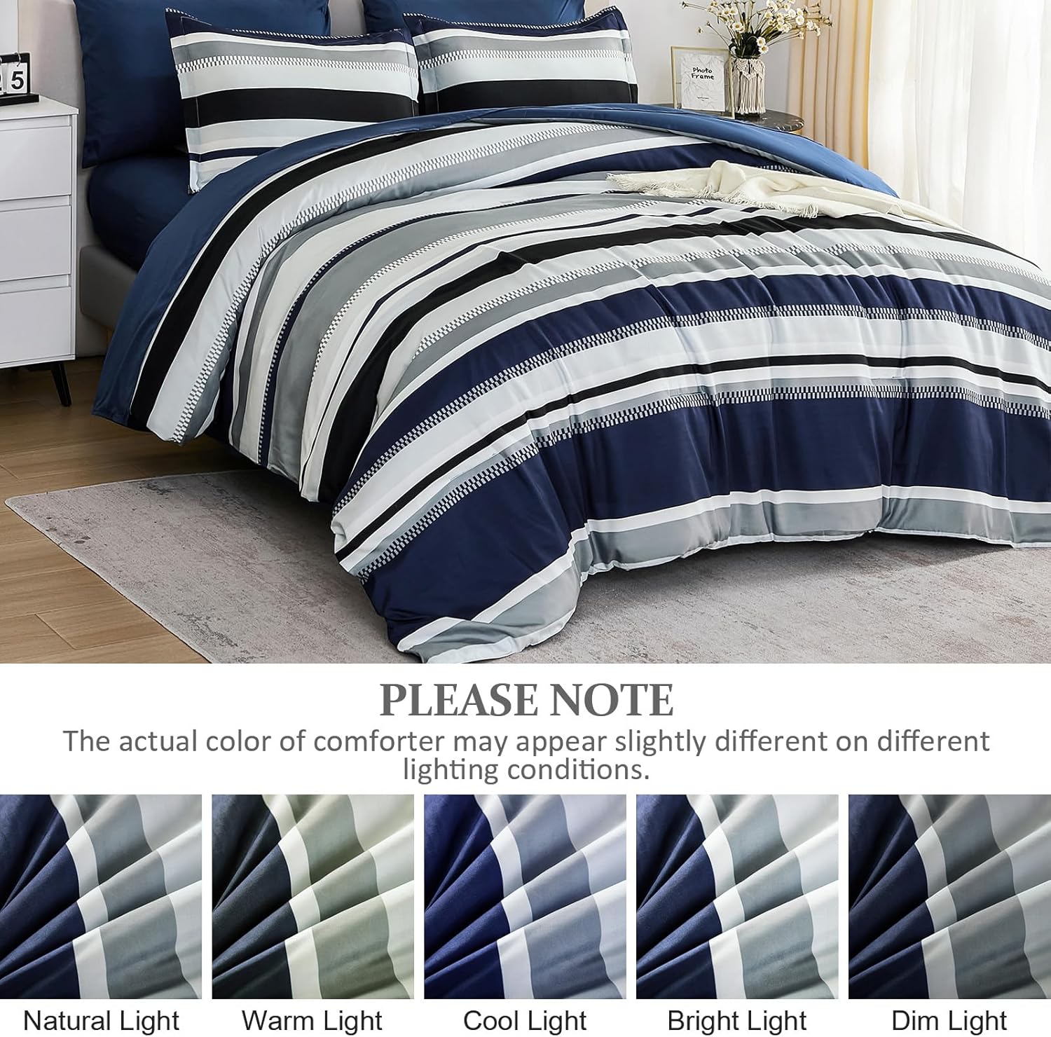 WONGS BEDDING Queen Comforter Set, 7 Pieces Blue Comforter Set Queen, Soft Striped Bed in a Bag Bedding Set with Comforter, Flat Sheet, Fitted Sheet, Pillow Shams, Pillowcase - Image 9