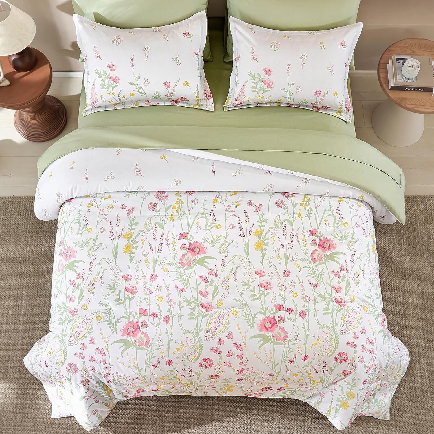 Yiran 7 Piece Pink Green Floral Comforter Set Queen Size, Cute Watercolour Botanical Comforter Bedding Set, Bed in a Bag Queen, Soft Microfiber Complete Bedding Set with Sheets for All Season - Image 3