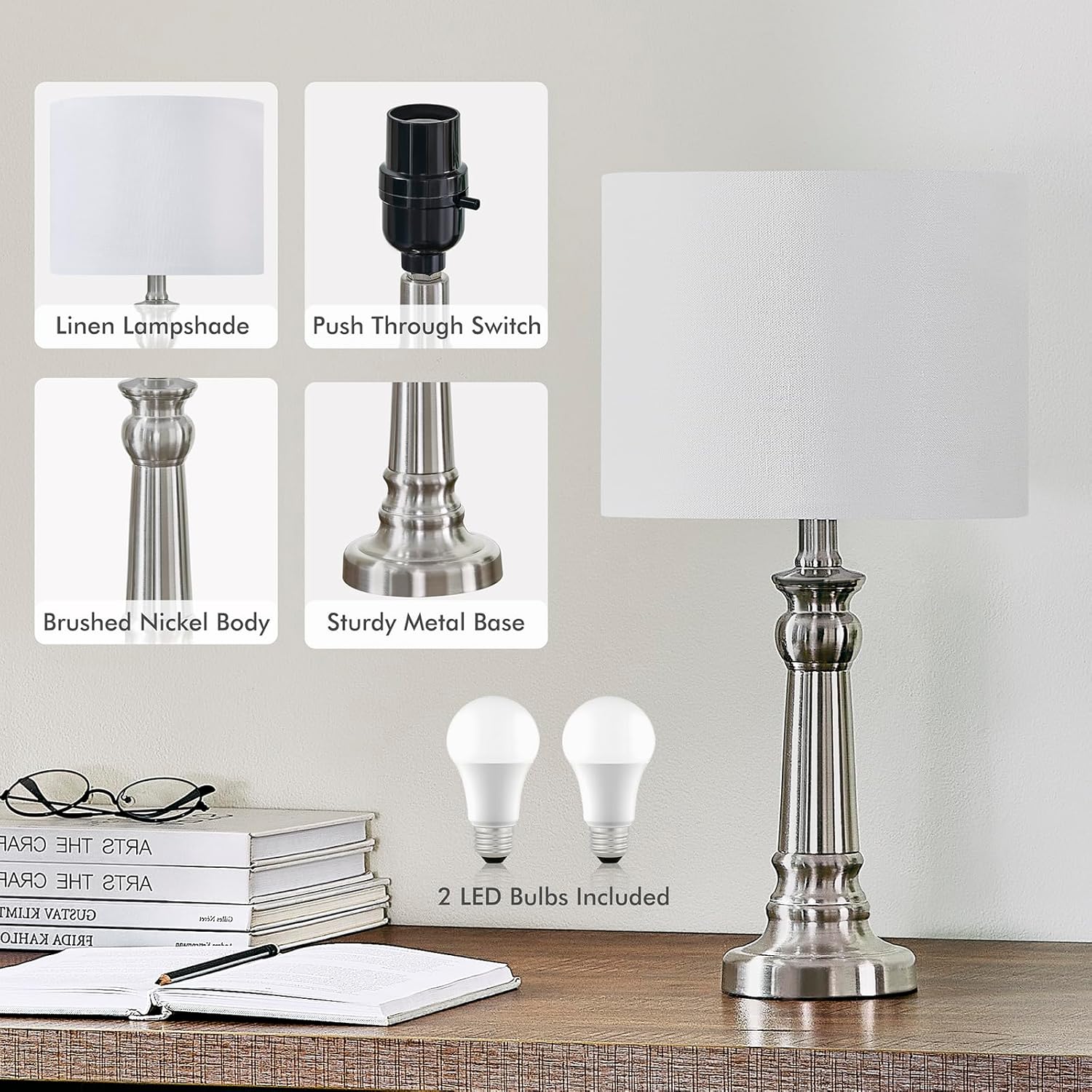 Table Lamps for Living Room, Modern Bedroom Lamps Set of 2 with Nickel Metal Base White Round Shades for Reading, Decor Silver Lamps for Night Stands, LED Bulbs Included - Image 4