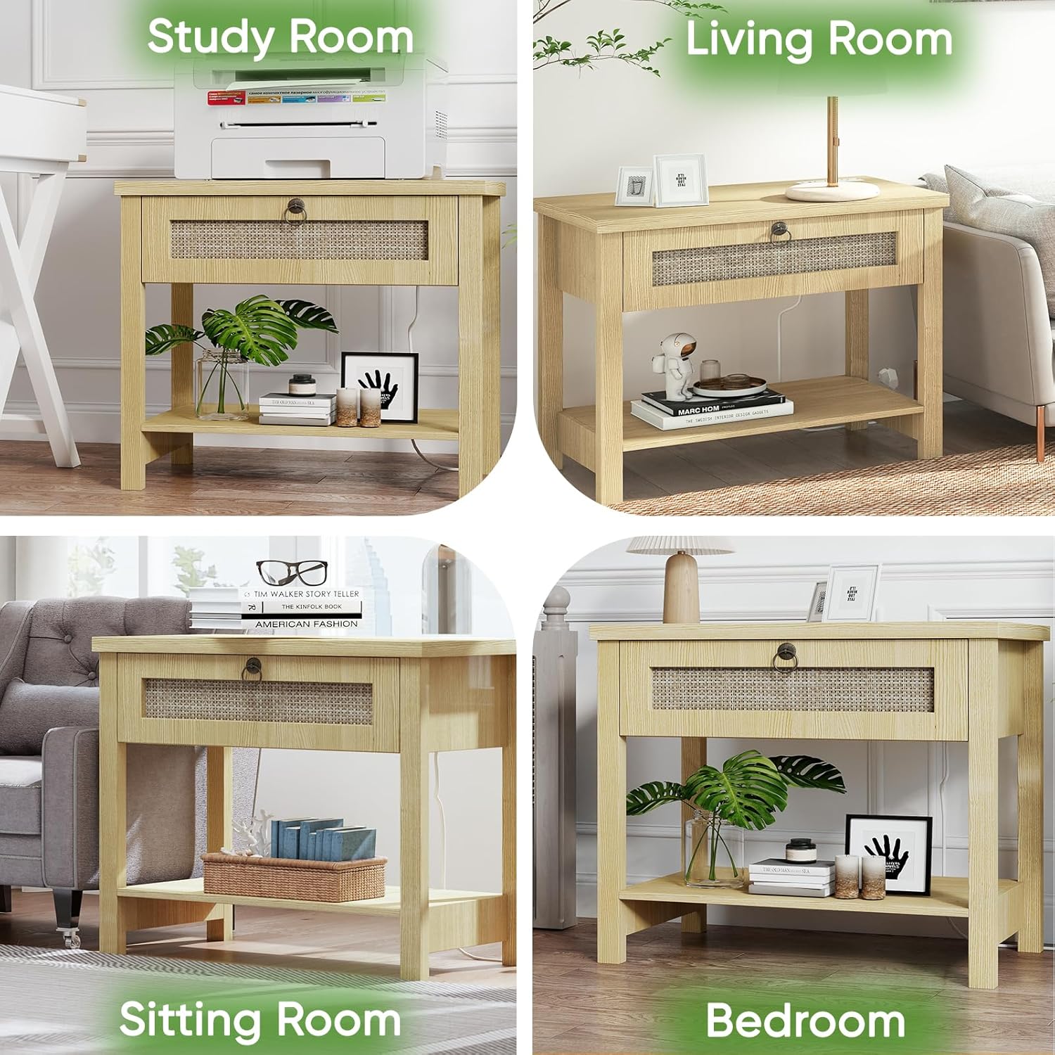 Large Nightstands with Charge Station, Modern Bedside Table with Drawer and Storage Shelf, Wood End Table Mid Century Night Stands for Bedroom Living Room Sofa Couch Office - Image 7