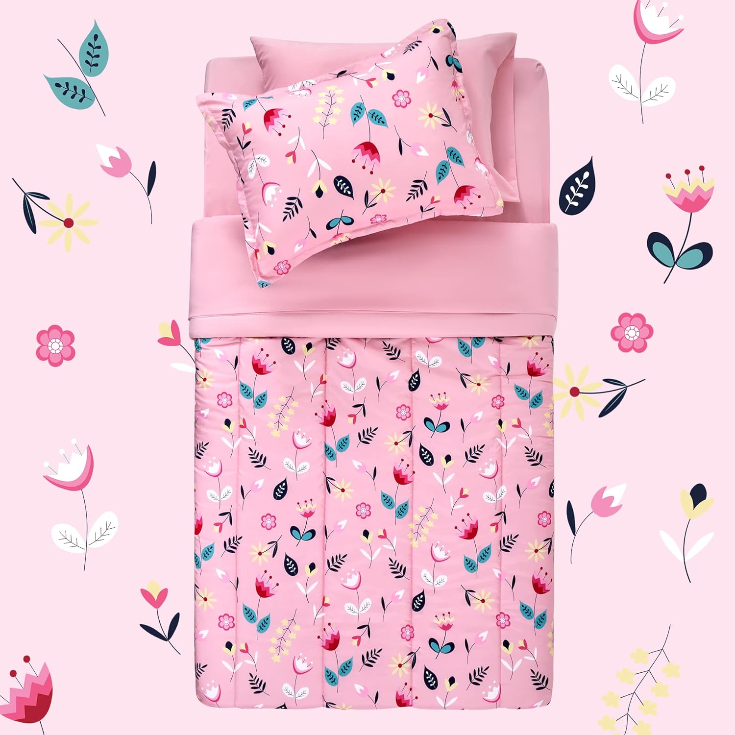 SLEEP ZONE Kids Twin Bedding Comforter Set - Super Cute & Soft Kids Bedding 5 Pieces Set with Comforter, Sheet, Pillowcase & Sham (Pink Flower) - Image 4
