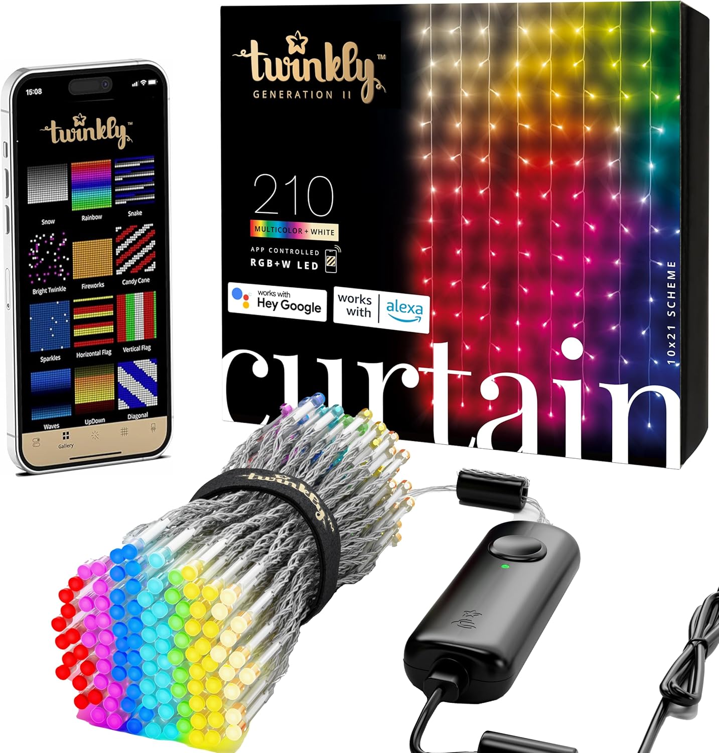 Twinkly Christmas Curtain Lights 210 RGB+W LEDs – App-Controlled, Sync with Music, Indoor & Outdoor Use, Compatible with Google Assistant, Amazon Alexa, Apple HomeKit, Bluetooth & WiFi Connectivity