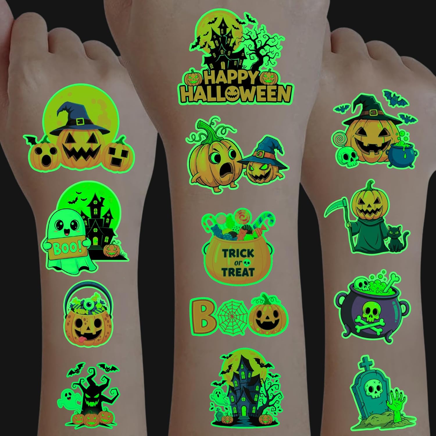 Luminous Halloween Temporary Tattoos for Kids - 50 Pieces Halloween Glow In The Dark Tattoos for Boys and Girls,Bulk Halloween Prizes Treat or Trick Party Favor Goody Bag Stuffers - Image 2