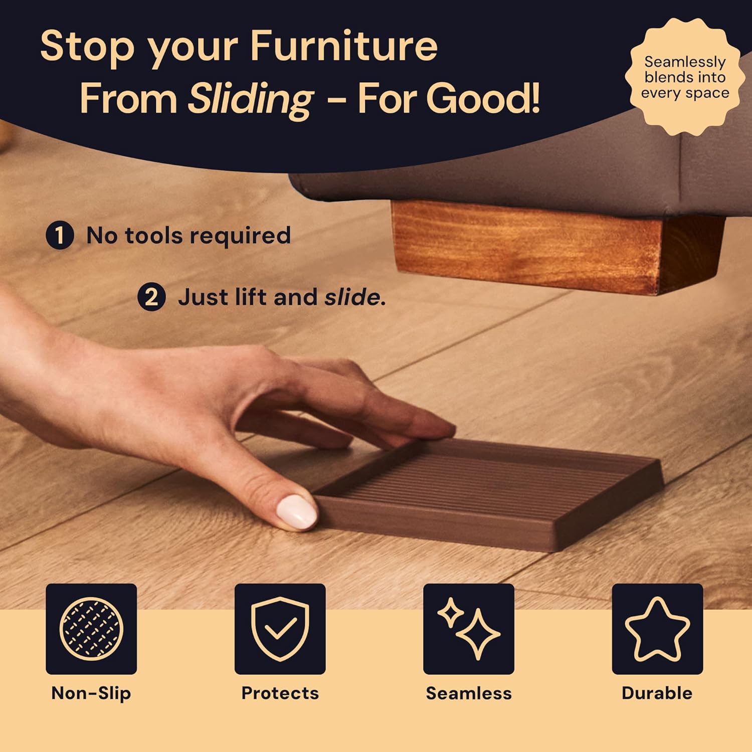 CasterMaster Non-Slip Rubber Furniture Pads - 3 in x 3 in Set of 4 Brown - Floor Protectors for Hardwood Floors & Chairs - Grippers & Rubber Feet for Furniture - Image 3