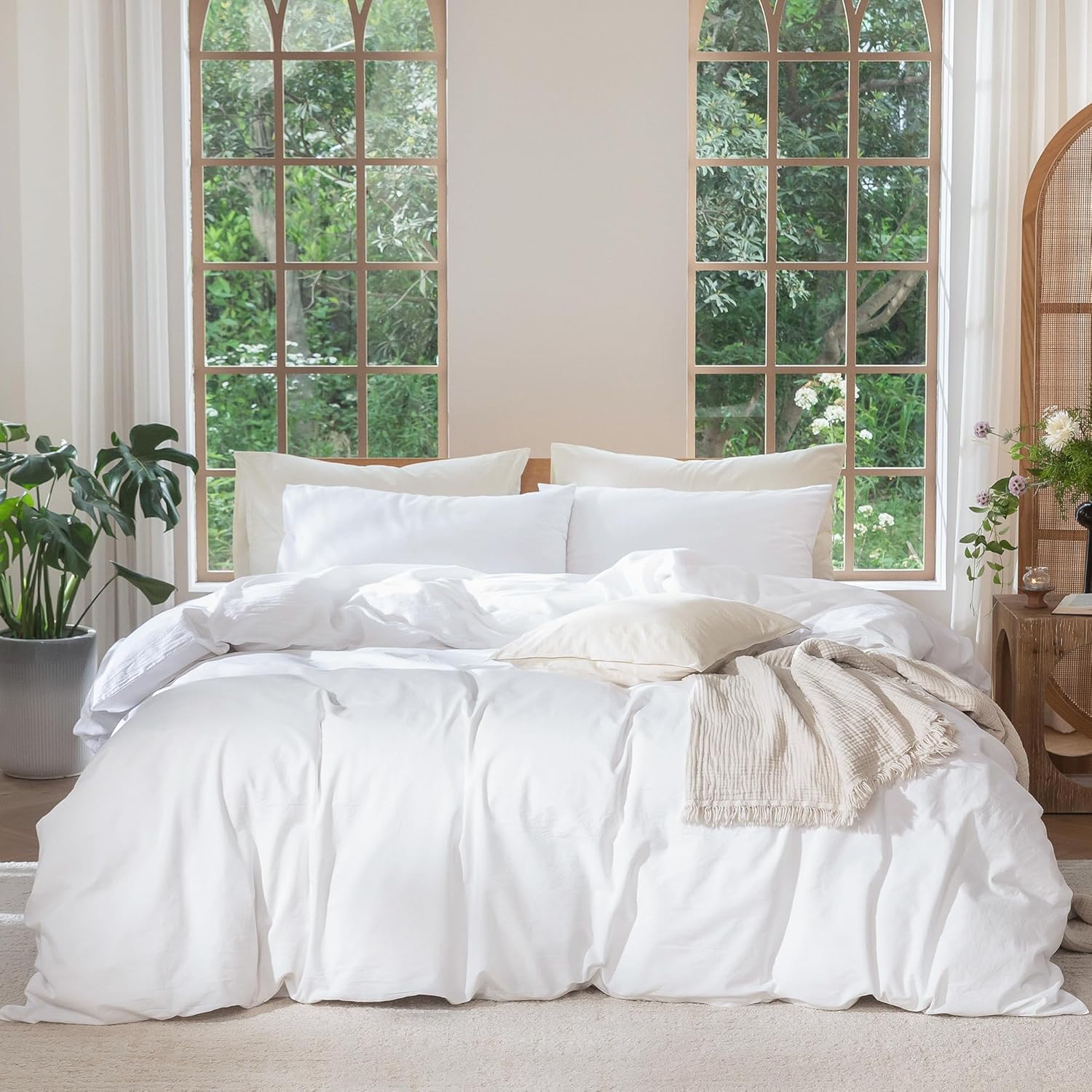 MooMee Bedding Duvet Cover Set 100% Washed Cotton Linen Like Textured Breathable Durable Soft Comfy (Solid Bright White, King 104″x90″)