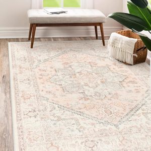 LIVEBOX Pink Area Rug 5x7 - Soft Rugs for Bedroom, Non-Slip Pink Rugs for Bedroom Girls, Vintage Washable Cute Aesthetic Rug for Nursery Dining Room, Retro Print Distressed Accent Carpet for Apartment