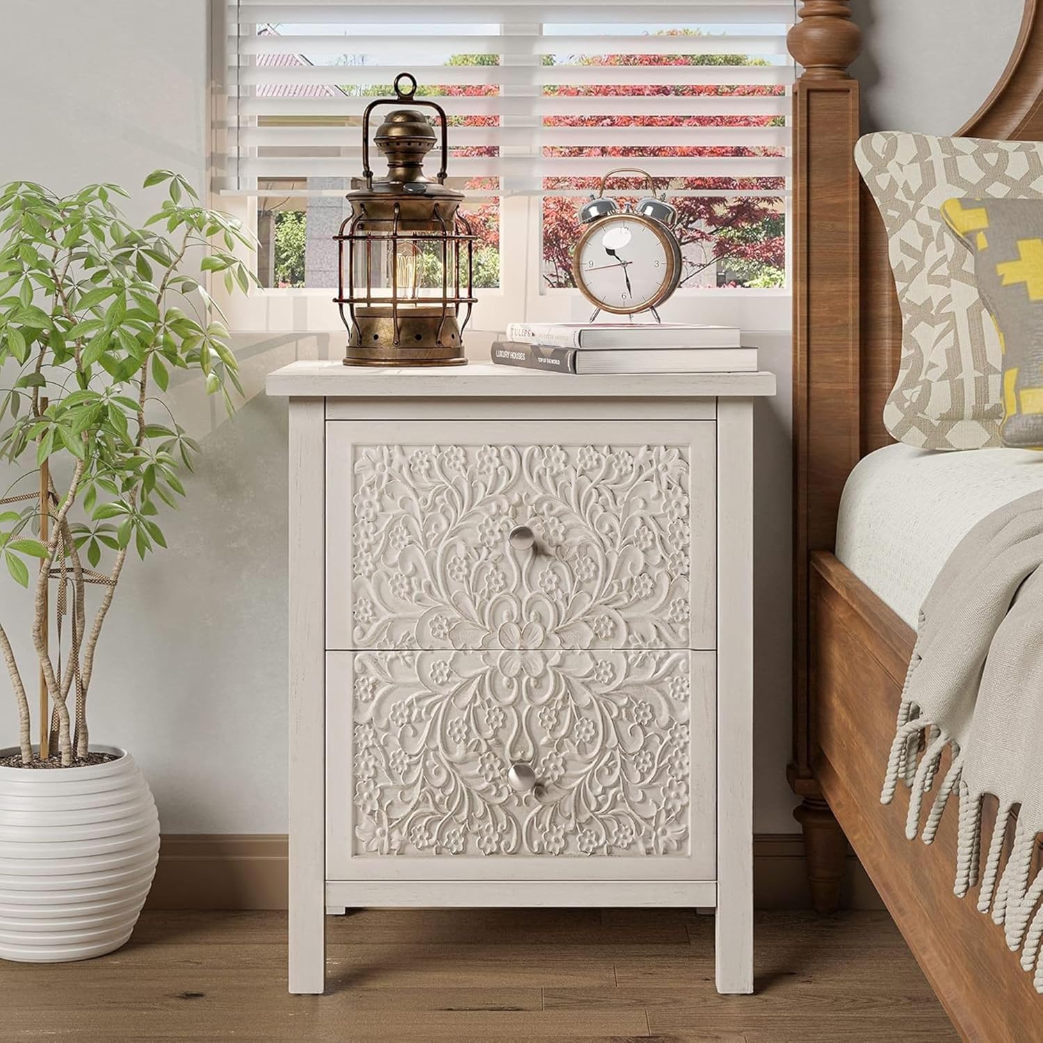 COZAYH 2-Drawer Carved Wood Nightstand, White w/ Distressed Finish – Bedside Table w/ Floral Patterns & Antique Bronze Knobs – Pre-Assembled Farmhouse Bedroom Furniture for Small Spaces - Image 7