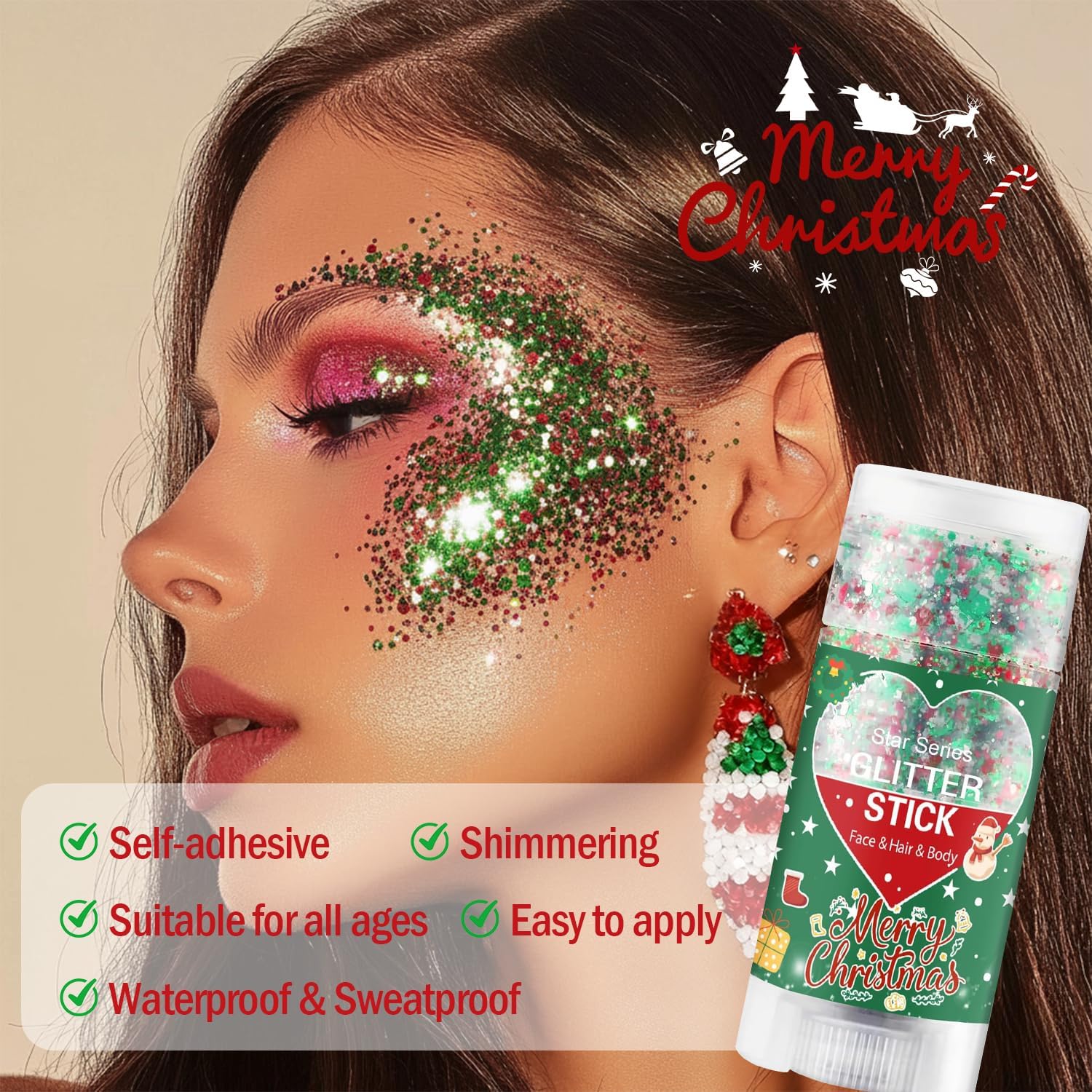 Christmas Body Glitter Stick, Red Green and White Face Glitter Accessories, Waterproof Face Hair Glitter Makeup, Christmas Glitter Makeup for Kids and Women - Image 4