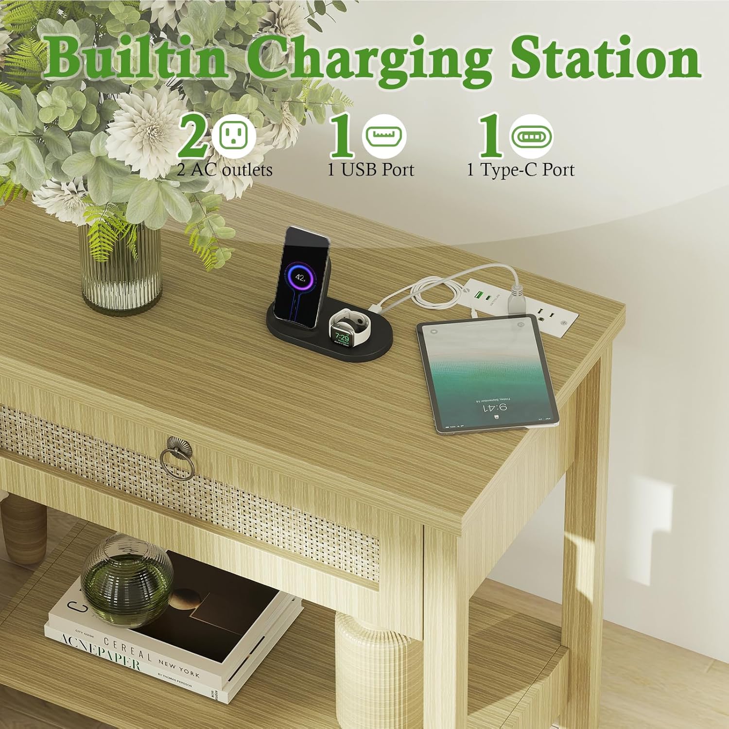 Rattan Large Nightstand with Charging Station, Boho Bedside Table End Table with Drawer and Storage Shelf, Wood End Table Night Stand for Bedroom - Image 6