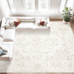 8x10 Area Rugs for Living Room: Washable Rug Vintage Large Rugs Soft Non Slip Low Pile Rug Floral Distressed Floor Carpet for Bedroom Kitchen Nursery Dining Room Home Office (Beige, 8'x10')