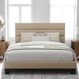 Allewie Queen Size Platform Bed Frame with Fabric Upholstered Headboard and Wooden Slats Support, Fully Upholstered Mattress Foundation/No Box Spring Needed/Easy Assembly, Beige