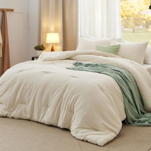 Bedsure Queen Size Comforter Set, Cream Soft Prewashed Bedding for All Seasons, 3 Pieces GentleSoft™ Warm Down Alternative Bed Set, 1 Lightweight Comforter (90"x90") and 2 Pillowcases (20"x26")