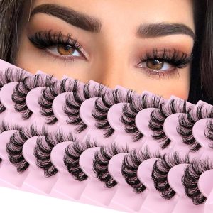 ALPHONSE Russian Lashes Clear Band False Eyelashes Natural Look D-Curly Fake Lashes Russian Strip Faux Mink Eyelashes 9 Pairs Pack