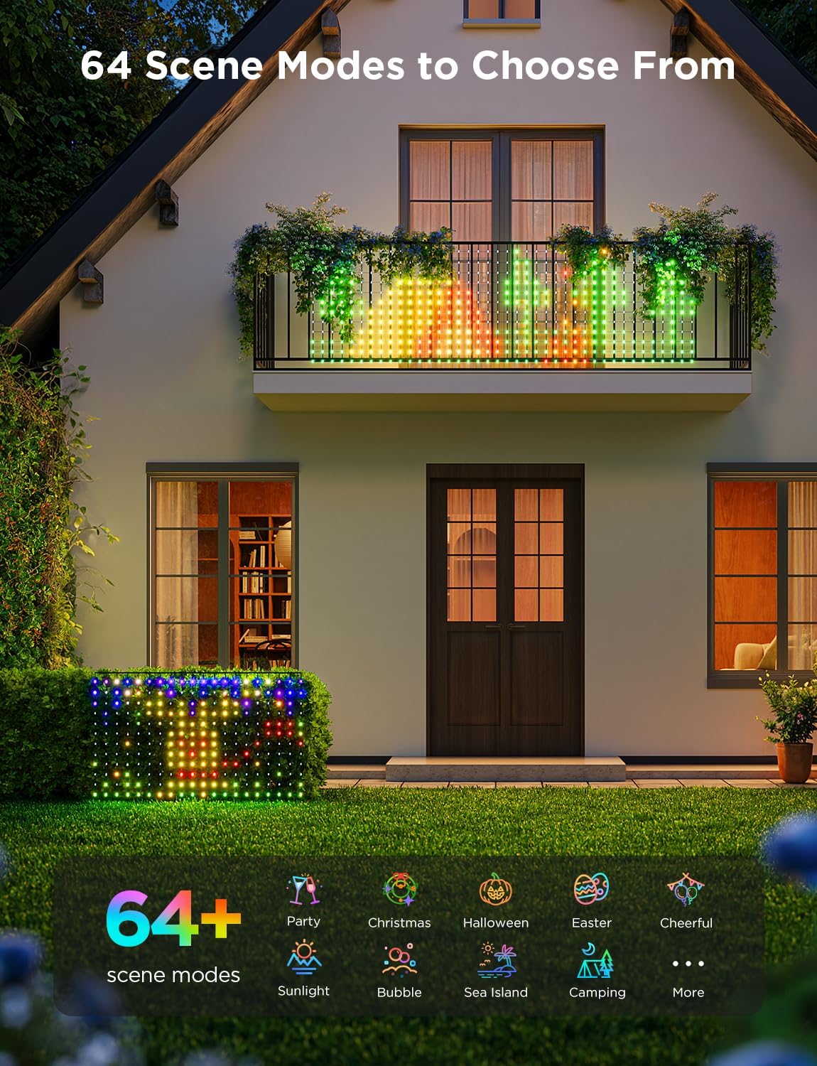 Govee Outdoor Net Lights, 2.8*4.7ft with RGBIC and DIY Functions, 240 LEDs Smart Net Lights with 64 Modes for Bush Patio Decor, Compatible with Alexa & Google Assistant, Outdoor Waterproof, Green Wire - Image 5