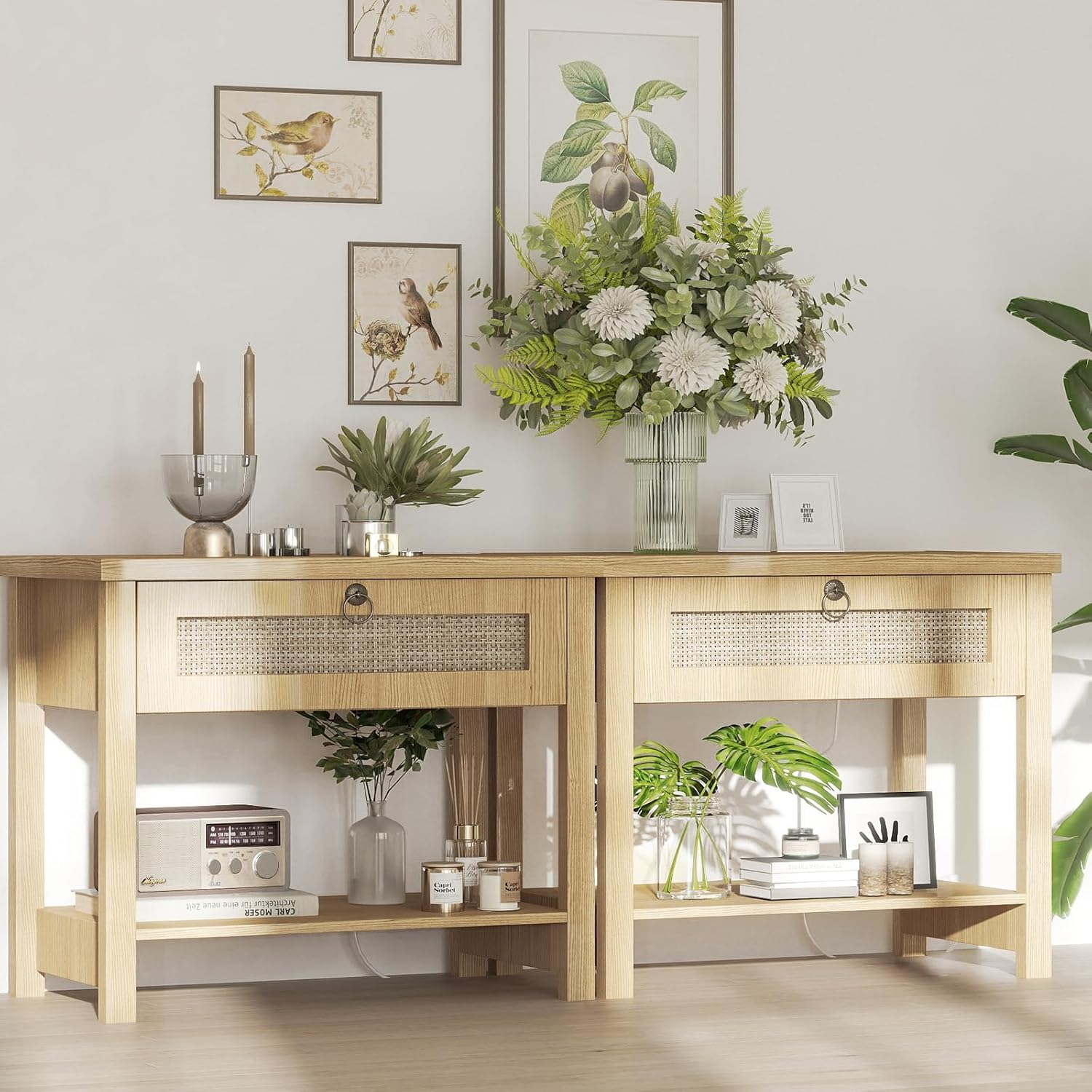 Large Nightstands with Charge Station, Modern Bedside Table with Drawer and Storage Shelf, Wood End Table Mid Century Night Stands for Bedroom Living Room Sofa Couch Office - Image 2