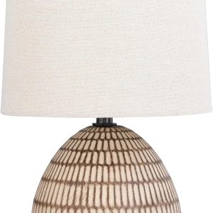 Xtreme Ceramic Table Lamp with Shade, 12.75” inch Carved Textured Table Lamp, Brown Modern Lamp with Beige Shade, Small Bedside Lamp for Bedroom Nightstand, Living Room, Requires E26 Bulb