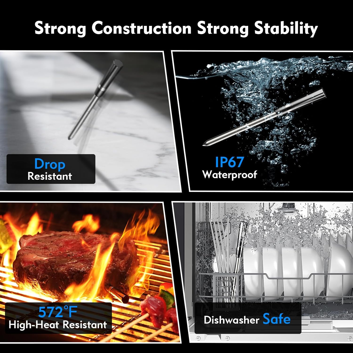 Aurasky Unique Wireless Meat Thermometer, Accurate Temperature Detection Probe, 500FT Remote Monitoring, Dual Alarm, Cooking Meat Thermometer Wireless for Grilling, Smoking, Oven, BBQ, Rotisserie - Image 3