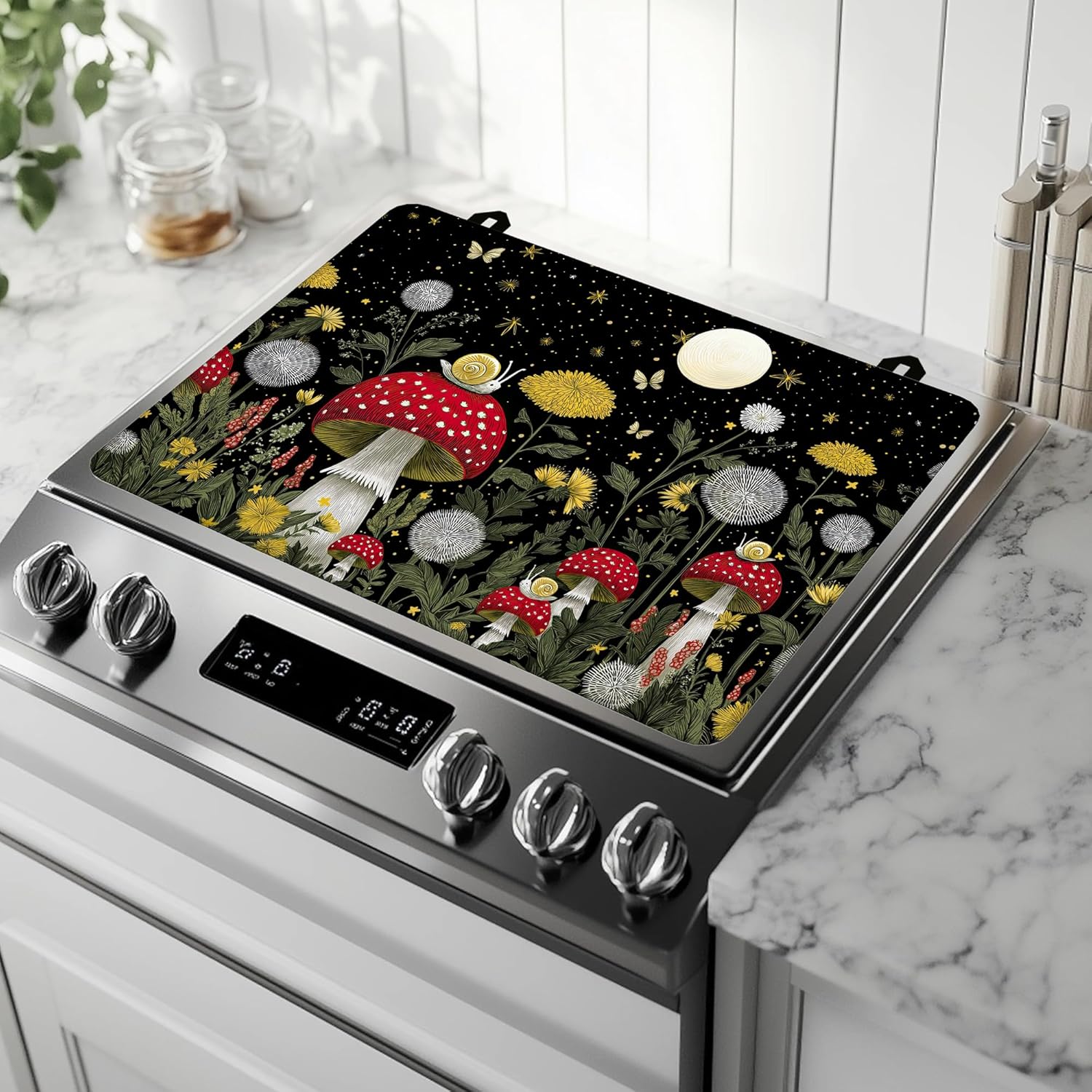 Mushroom Forest Plant Electric Stove Top Cover Protector,Butterfly Moon Heat Resistant Glass Top Stove Oven Induction Cooktop Mat with Rubber for Kitchen Top Covers 28 “x 20 “