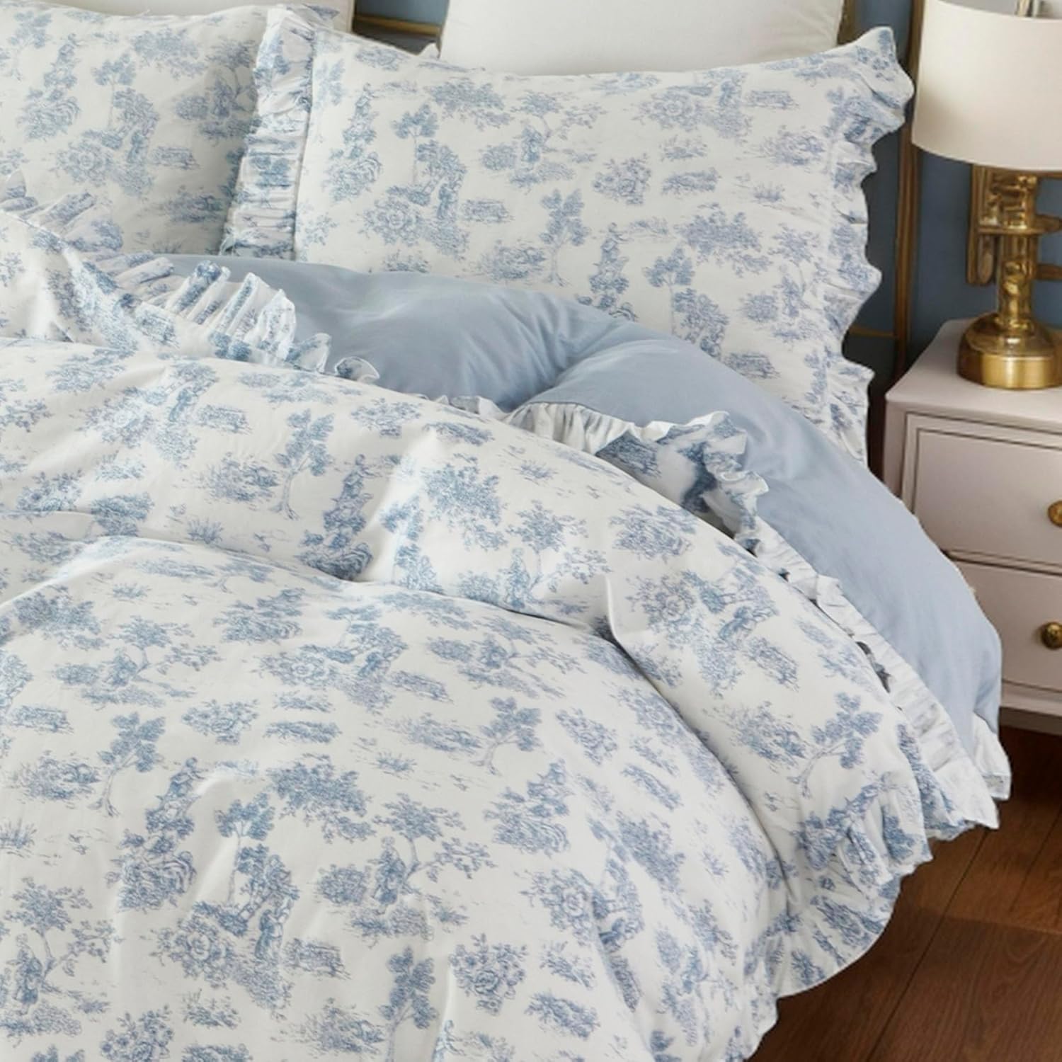 Brandream French Country Toile Queen Duvet Cover Set for Girl Women Bedroom Vintage Blue Toile Floral Print 100% Cotton Duvet Quilt Comforter Cover Pillow Shams Set with Delicate Ruffle Fringe - Image 5