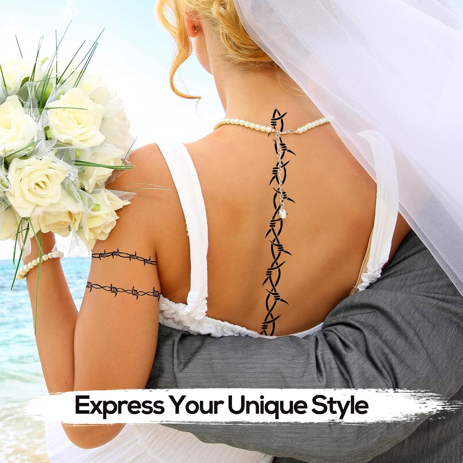 9-Sheet Barbed Wire Temporary Tattoos, Large Edgy Armbands Designs Tattoo Stickers for Men & Women - Waterproof Fake Tattoos for Concerts & Halloween - Image 2