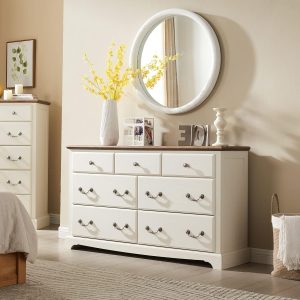 T4TREAM 7 Drawers Dresser Chests for Bedroom, Wood Vintage Chests of Drawers, Rustic Dressers Chset Organizer for Bedroom, Living Room, Hallway, Antique White