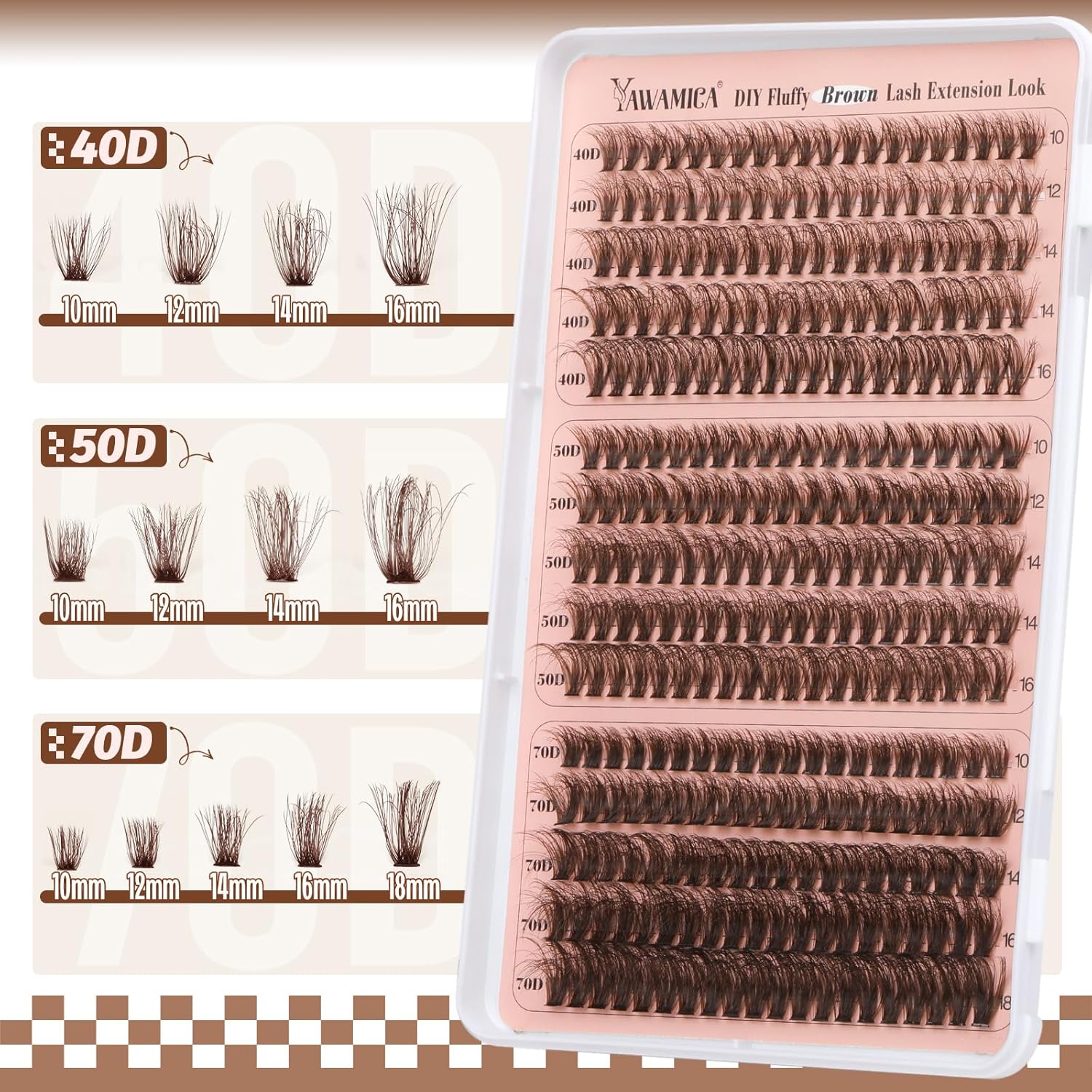 Yawamica Brown Lash Clusters Fluffier Eyelash Extension 10-16mm Individual Lashes D Curly Eyelash Clusters 40D+50D+70D Volume 300pcs Cluster Lashes Pestañas Pelo a Pelo DIY Lash Extension at Home - Image 6