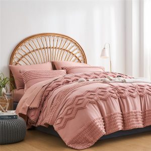Blush Pink Tufted Comforter Set Queen Size 7 Piece Bed in a Bag, Shabby Chic Boho Comforter and Sheet Set, Pom Pom Textured Bed Set, All Season Soft Microfiber Complete Bedding Set(Pink,Queen)