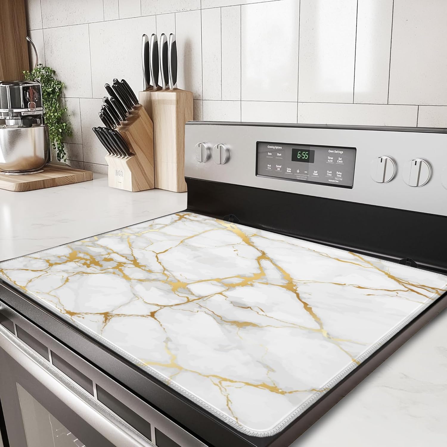 White Gold Stove Top Covers for Electric Stove,Abstract Marble Glass Cooktop Cover Protector,Anti-Slip Heat Resistant Range Cooktop Cover Mat 28″x19.5″