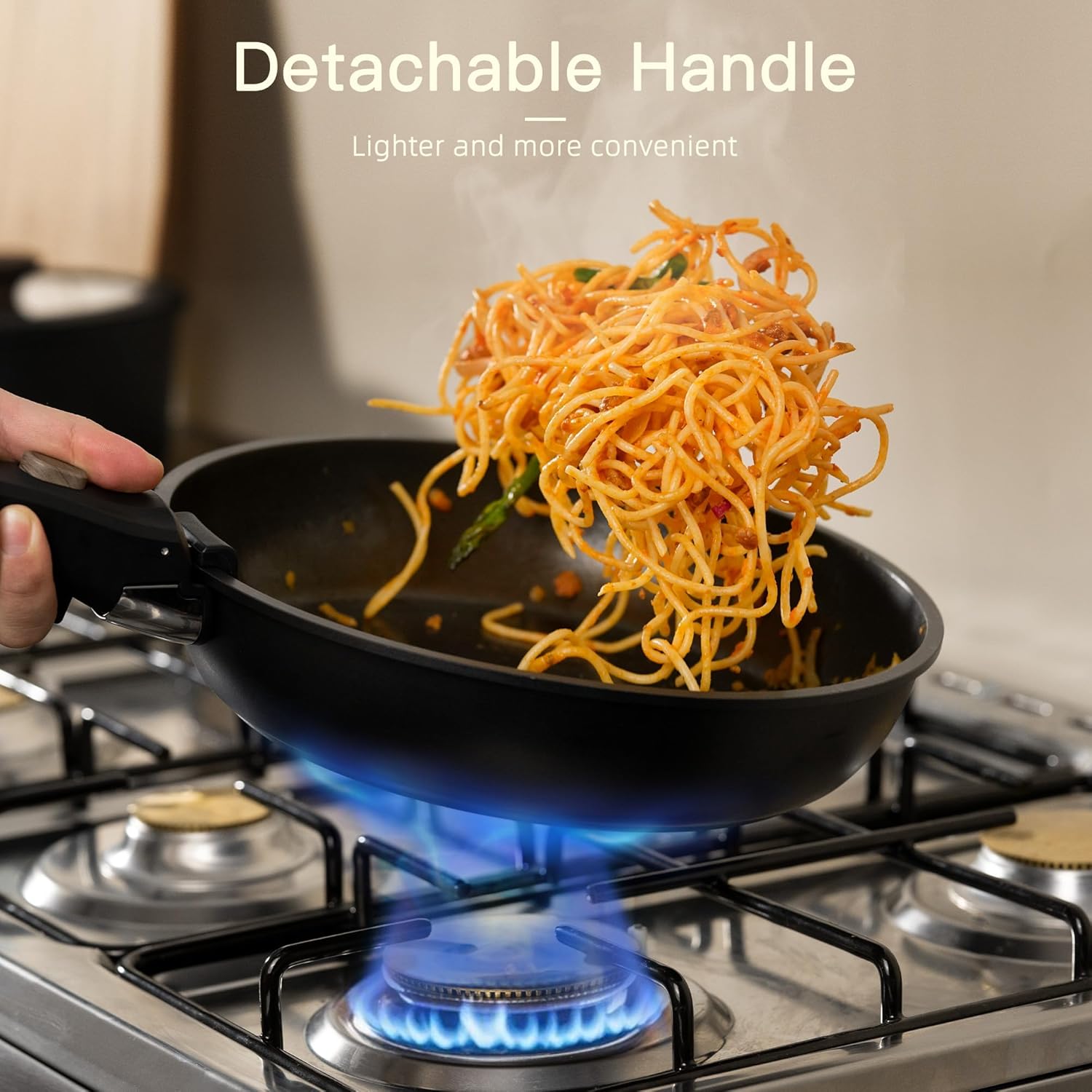 Astercook Non Stick RV Pots and Pans Ceramic Kitchen Cookware Set with Detachable/Removable Handle, Oven Safe, Induction Ready, Stackable, Black, 21 pcs - Image 4