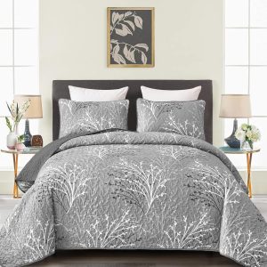 DJY Grey Quilt Set Queen Size - Branch Botanical Pattern Bedspread Coverlet Set, 3 Pieces Gray Floral Quilt Bedding Set, Soft Lightweight Microfiber Reversible Summer Quilt Set