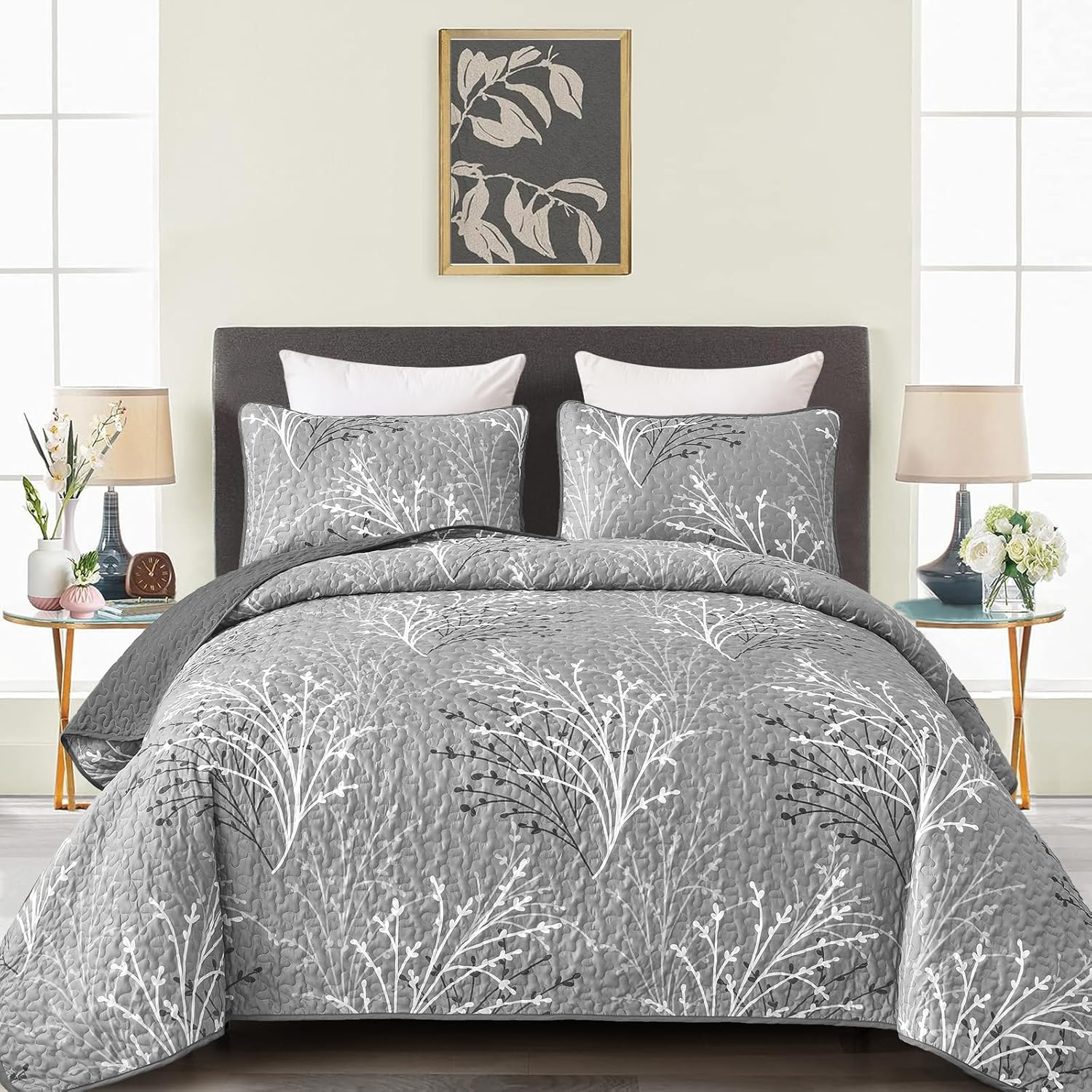 DJY Grey Quilt Set Queen Size – Branch Botanical Pattern Bedspread Coverlet Set, 3 Pieces Gray Floral Quilt Bedding Set, Soft Lightweight Microfiber Reversible Summer Quilt Set