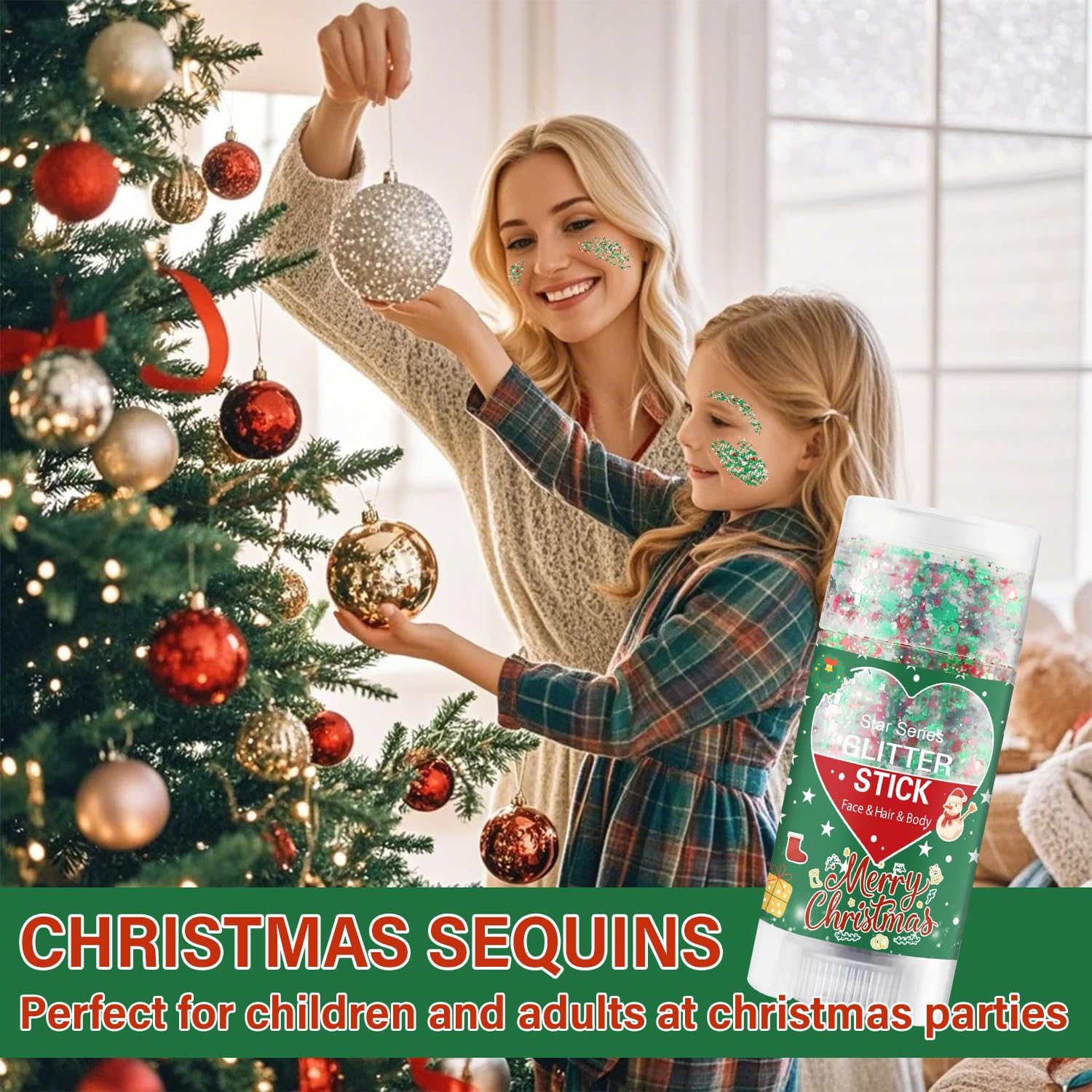 Christmas Body Glitter Stick, Red Green and White Face Glitter Accessories, Waterproof Face Hair Glitter Makeup, Christmas Glitter Makeup for Kids and Women - Image 9