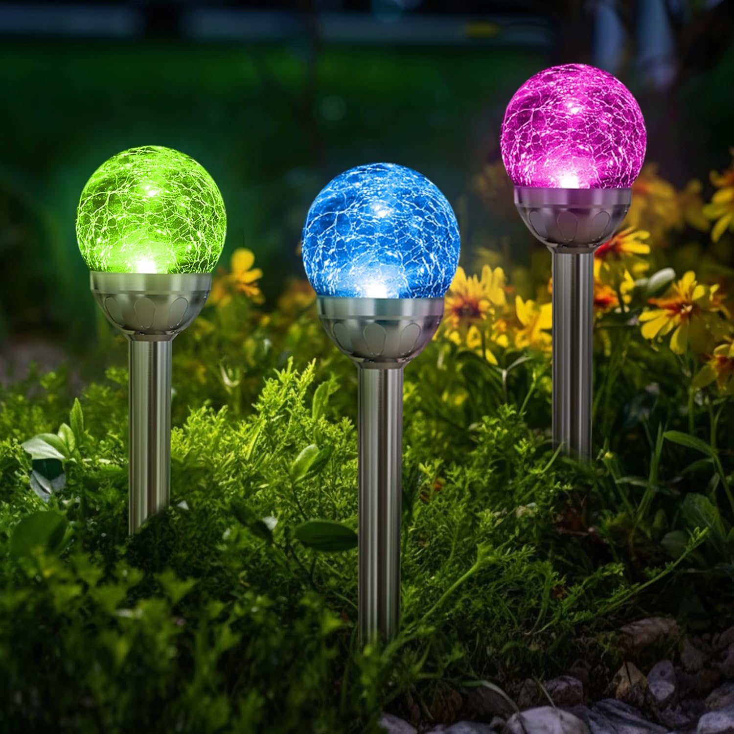 SOLPEX Solar Garden Lights Outdoor, 3 Pack Multi-Color Changing&White 2 Modes Solar Powered Glass Ball Garden Lights Waterproof for Patio Decoration - Image 8