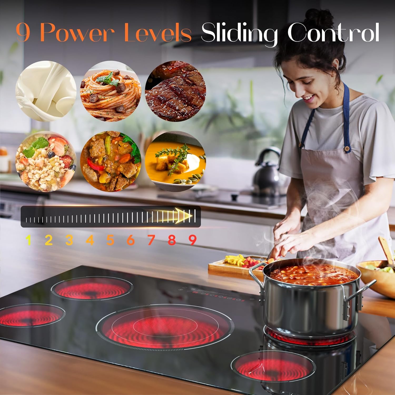 36 Inch Electric Cooktop, 5 Burner Electric Cooktop Bulit in, 9200W, 9 Power Levels, Electrics Stove with Timer, Safety Lock, Pause, 220V-240V Hard Wire - Image 4