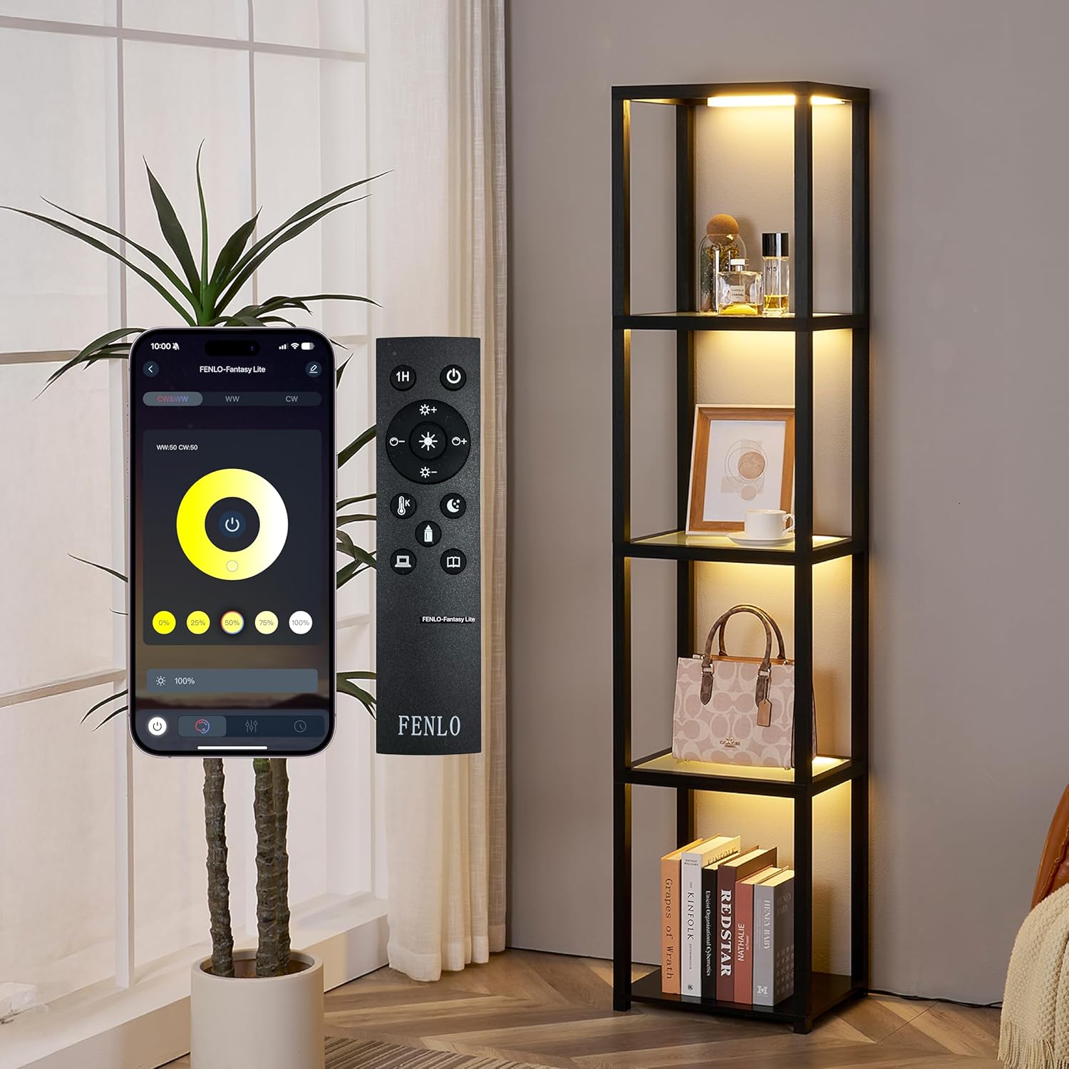 FENLO LED Glass Display Cabinet – Dimmable Lighted Furniture for Bedroom, Living Room, or Office – Glass Curio Cabinet Shelf Lamp with App + Remote Control + Adjustable Lighting Fantasy Lite