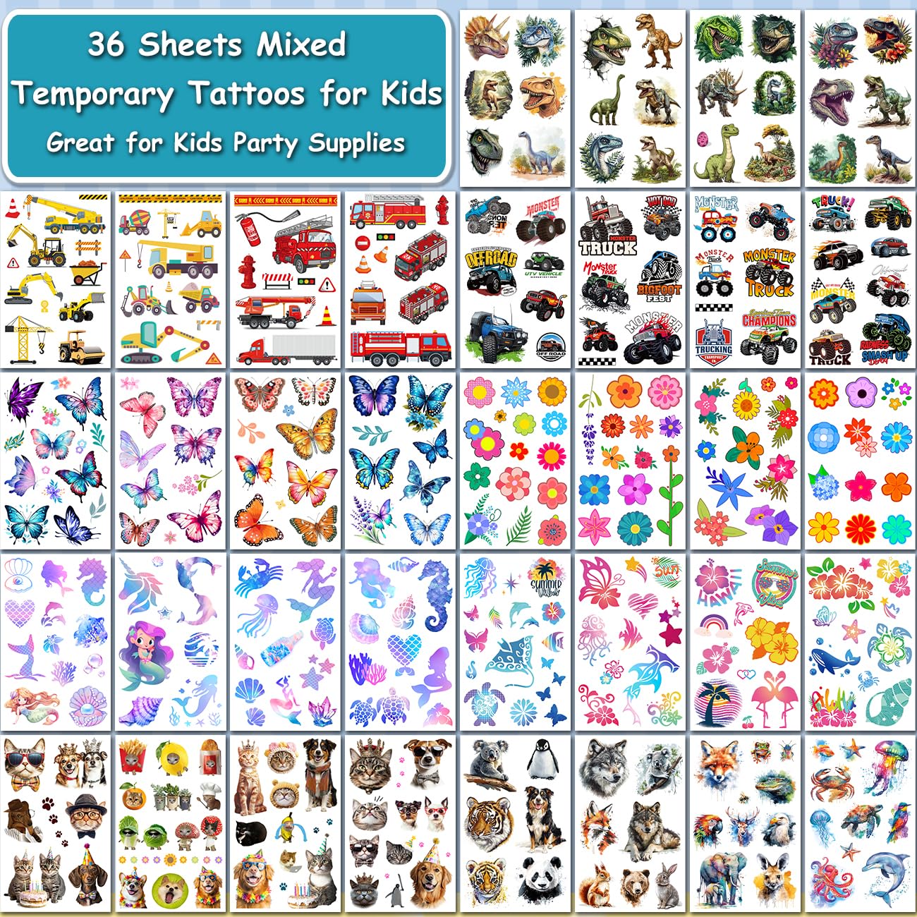 Temporary Tattoos for Kids - 320 Mixed Styles (36 Sheets) Tattoo Stickers Set for Boys and Girls, Car Dinosaur Hawaii Mermaid Watercolor Animals Tattoos for Kids Birthday Party Supplies - Image 2
